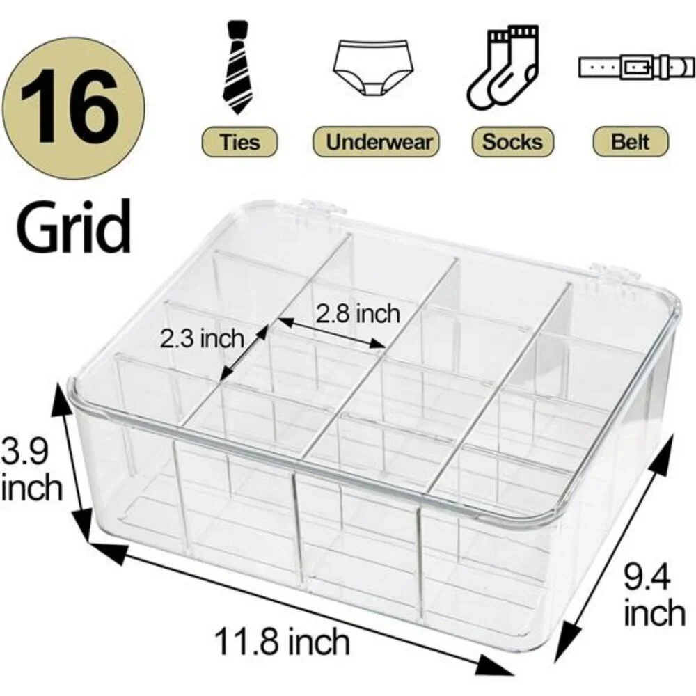 Clear Drawer Organizer Box with 16 Dividers for Socks Underwear Ties Bras